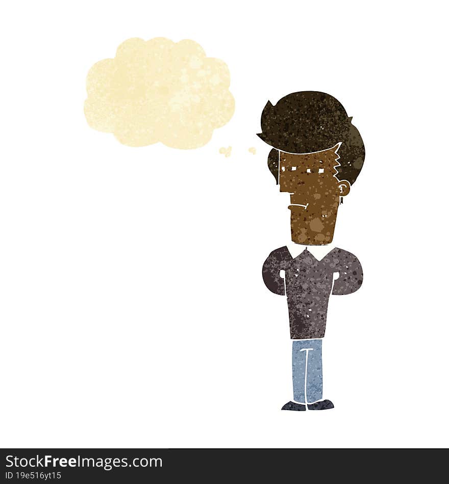 cartoon jaded man with thought bubble