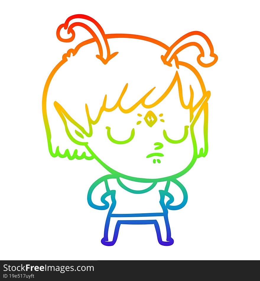 rainbow gradient line drawing of a cartoon alien girl