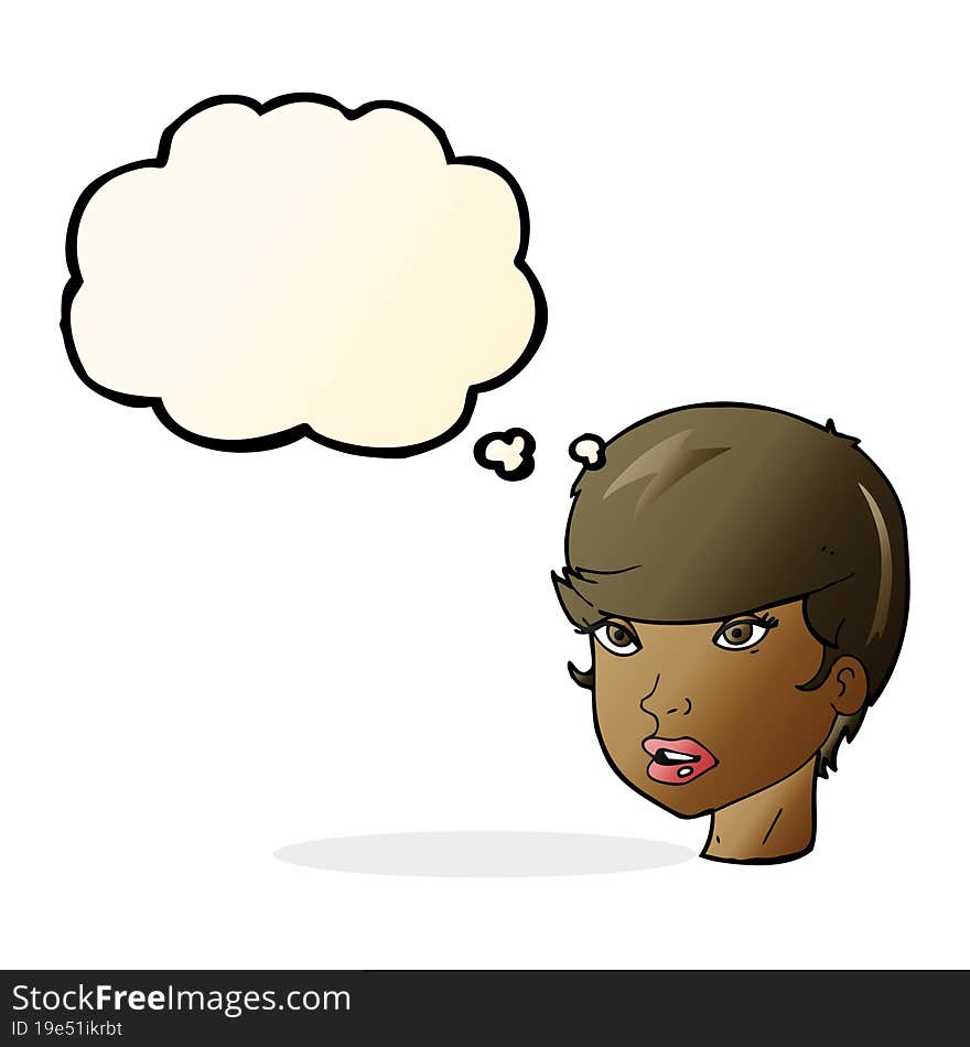 cartoon pretty female face with thought bubble