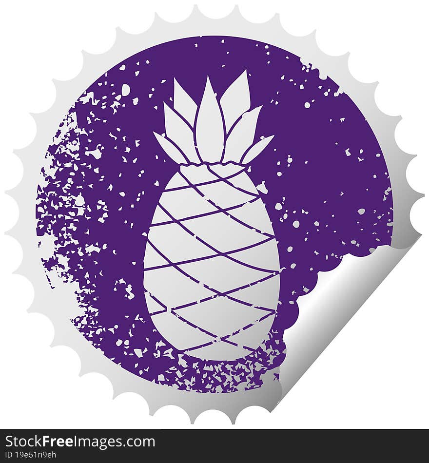 quirky distressed circular peeling sticker symbol pineapple