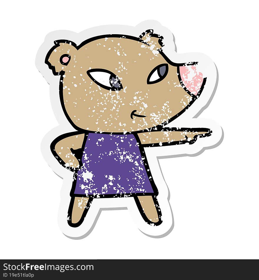 distressed sticker of a cute cartoon bear in dress