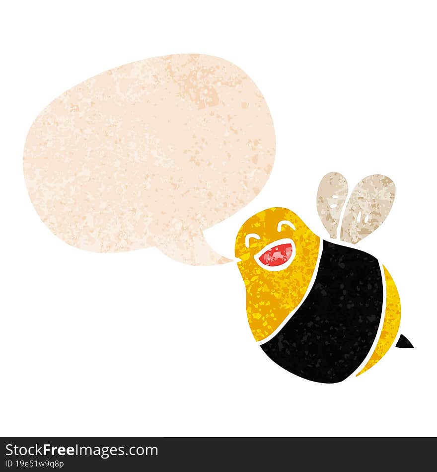 Cartoon Bee And Speech Bubble In Retro Textured Style