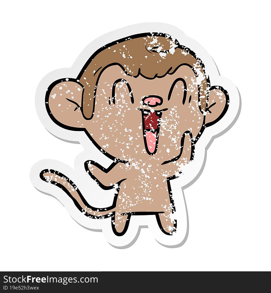 distressed sticker of a cartoon laughing monkey