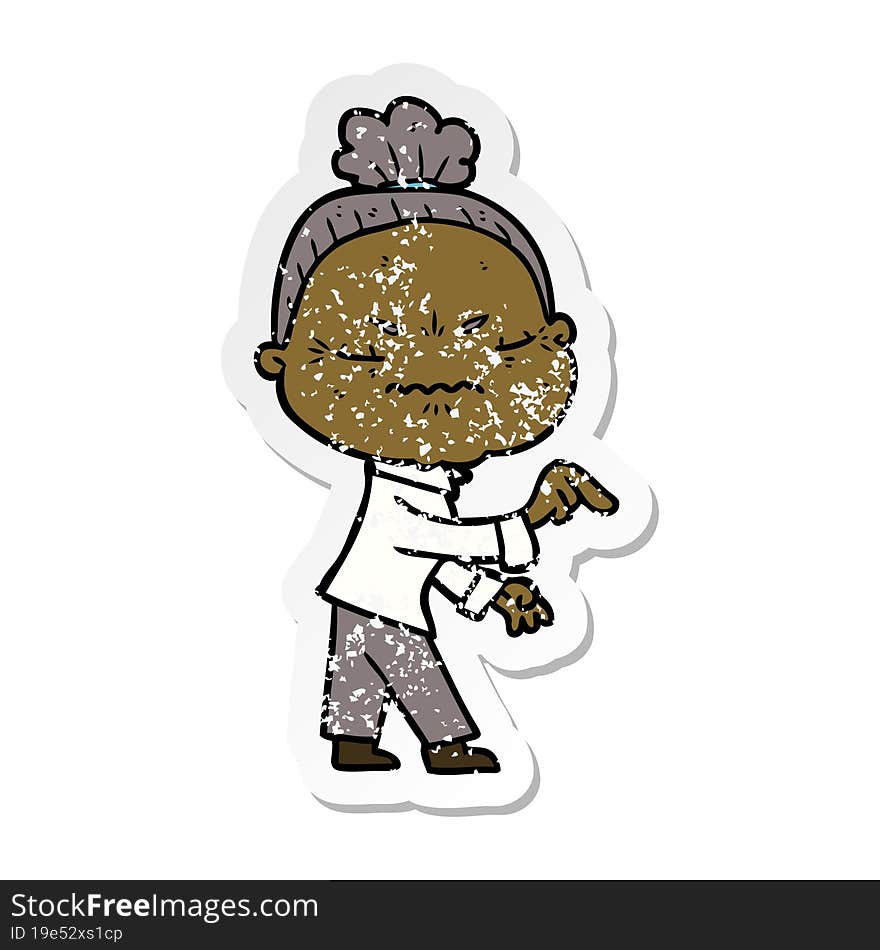 distressed sticker of a cartoon annoyed old lady