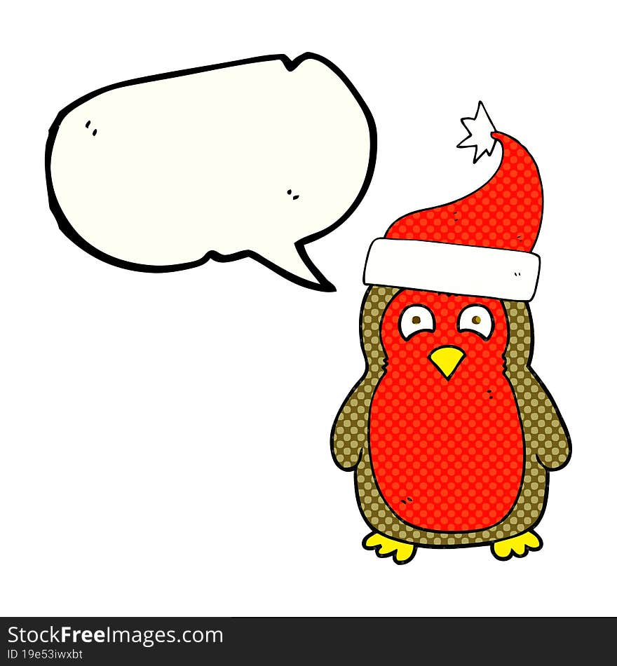 Comic Book Speech Bubble Cartoon Christmas Robin Wearing Santa Hat