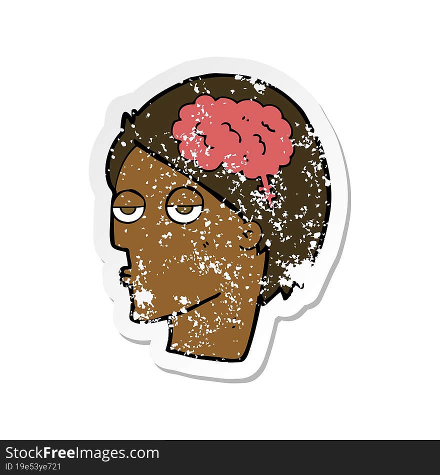 retro distressed sticker of a cartoon head with brain symbol