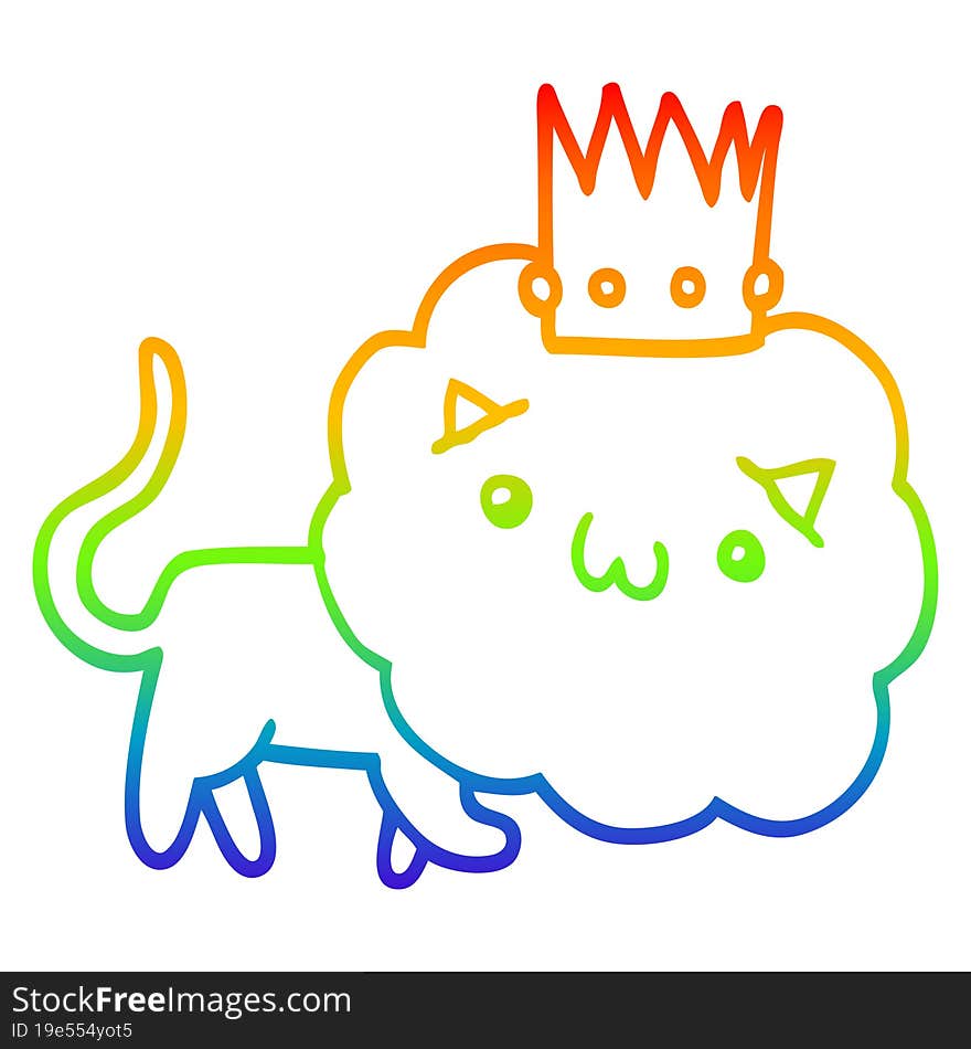 rainbow gradient line drawing cartoon lion with crown