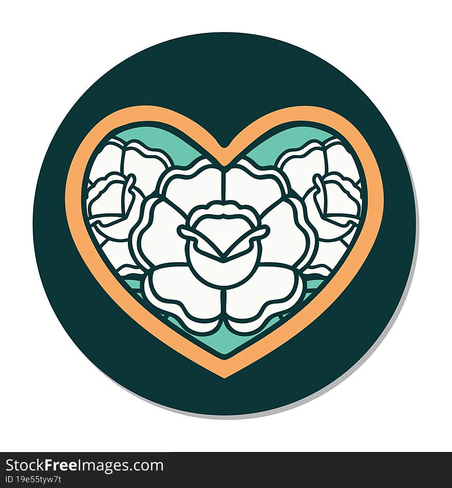 sticker of tattoo in traditional style of a heart and flowers. sticker of tattoo in traditional style of a heart and flowers