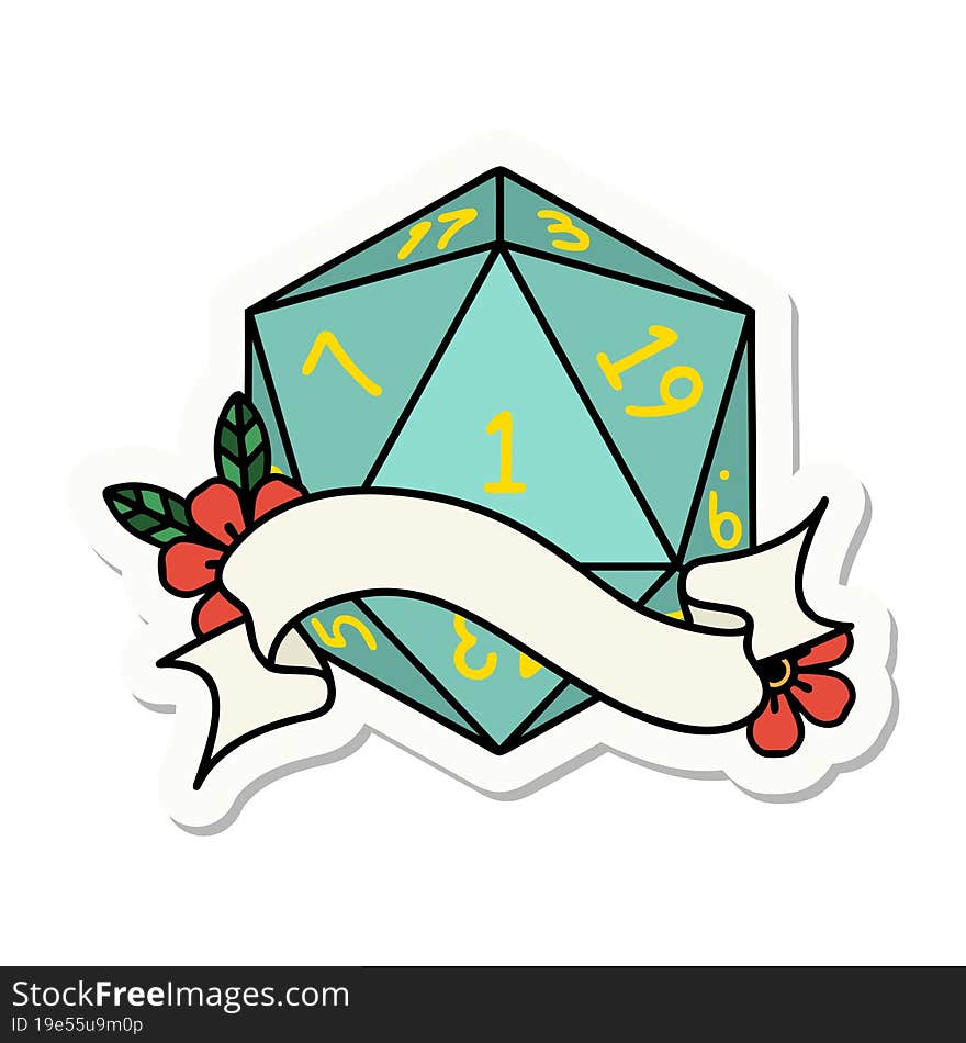 sticker of a natural one d20 dice roll. sticker of a natural one d20 dice roll