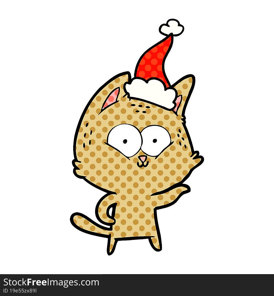 hand drawn comic book style illustration of a cat wearing santa hat