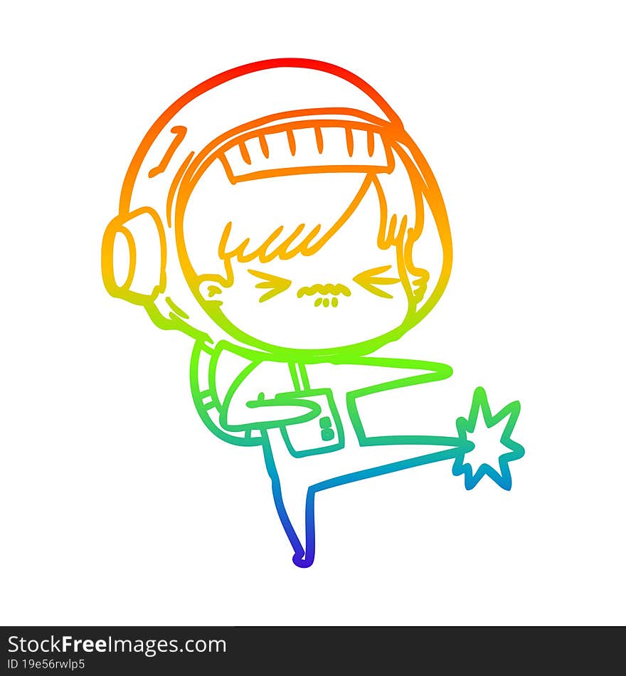 rainbow gradient line drawing of a angry cartoon space girl stubbing toe