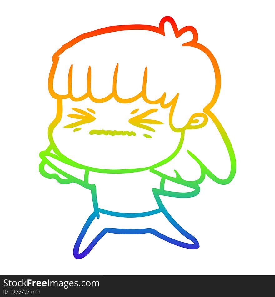 rainbow gradient line drawing of a cartoon angry girl