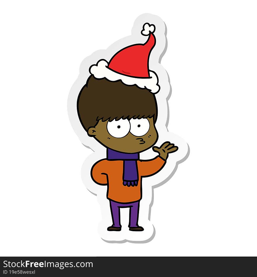 nervous sticker cartoon of a boy wearing santa hat