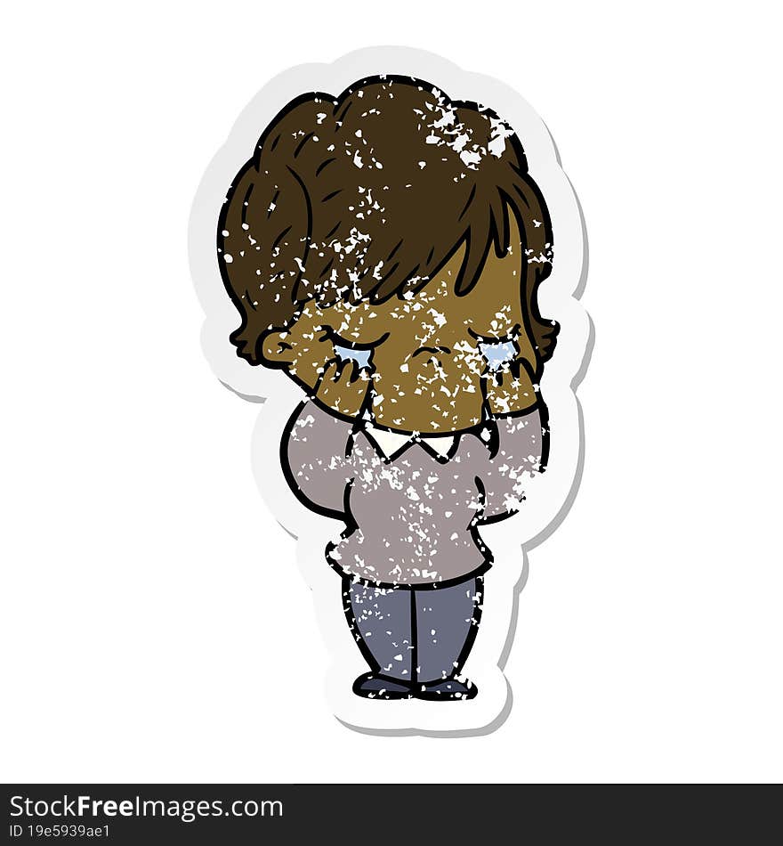 distressed sticker of a cartoon woman crying