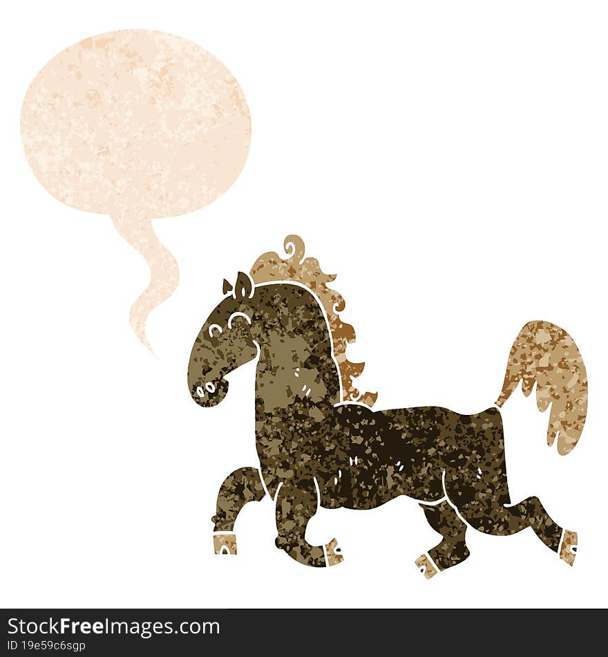 cartoon stallion and speech bubble in retro textured style