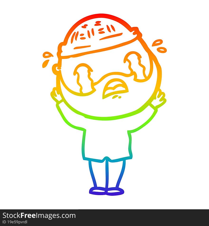 rainbow gradient line drawing cartoon bearded man crying