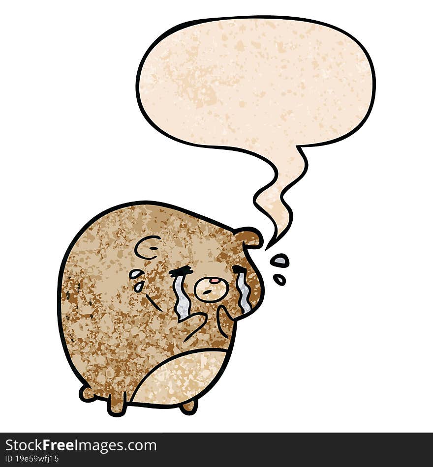 cartoon crying bear and speech bubble in retro texture style