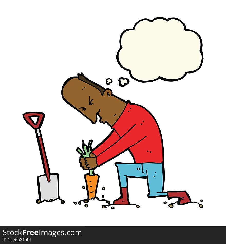 cartoon gardener with thought bubble