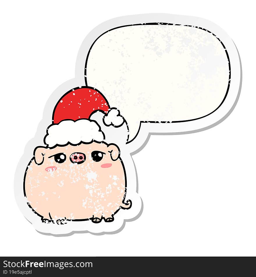 cartoon pig wearing christmas hat and speech bubble distressed sticker