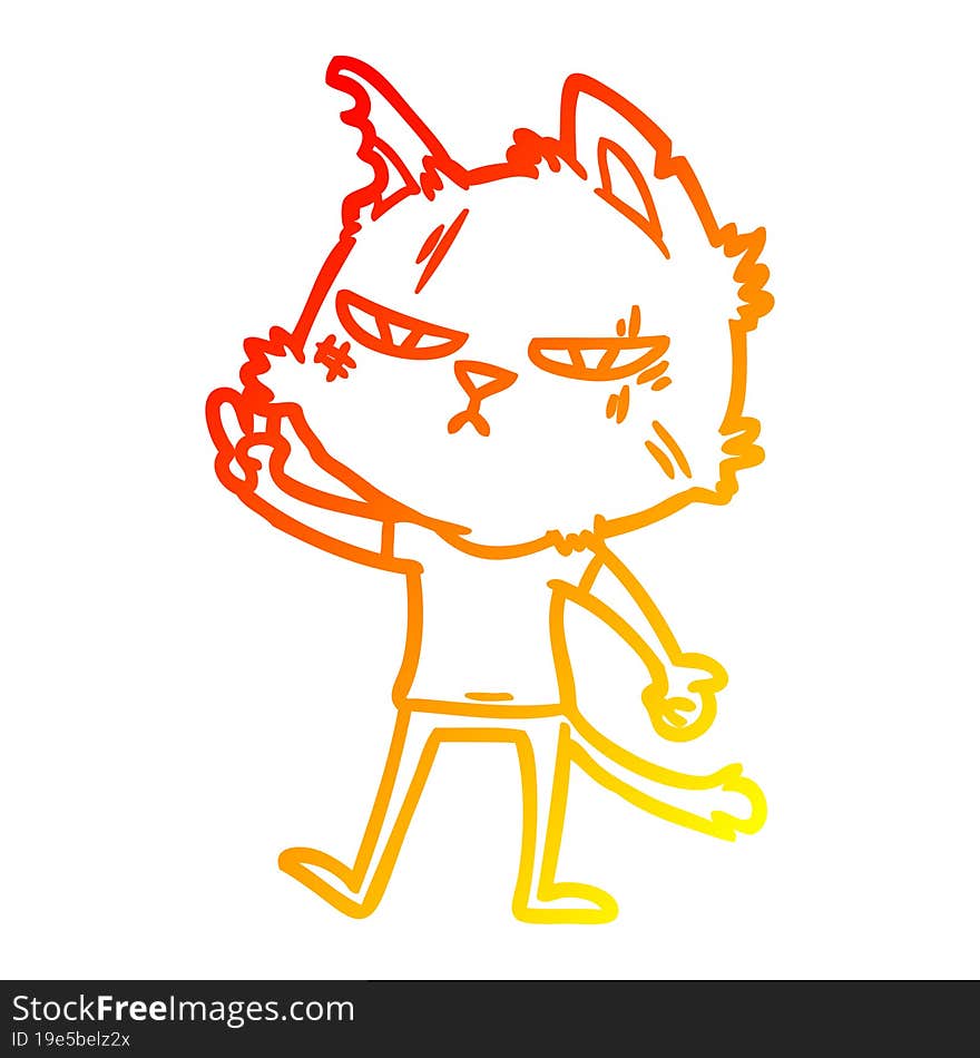 warm gradient line drawing tough cartoon cat giving victory sign