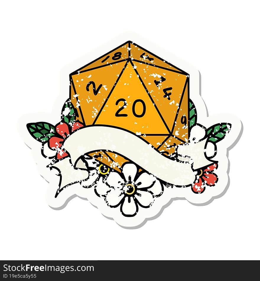 natural twenty D20 dice roll grunge sticker