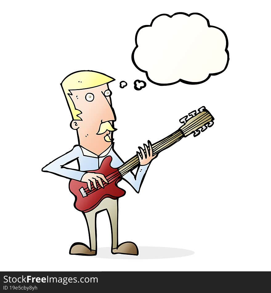 cartoon man playing electric guitar with thought bubble