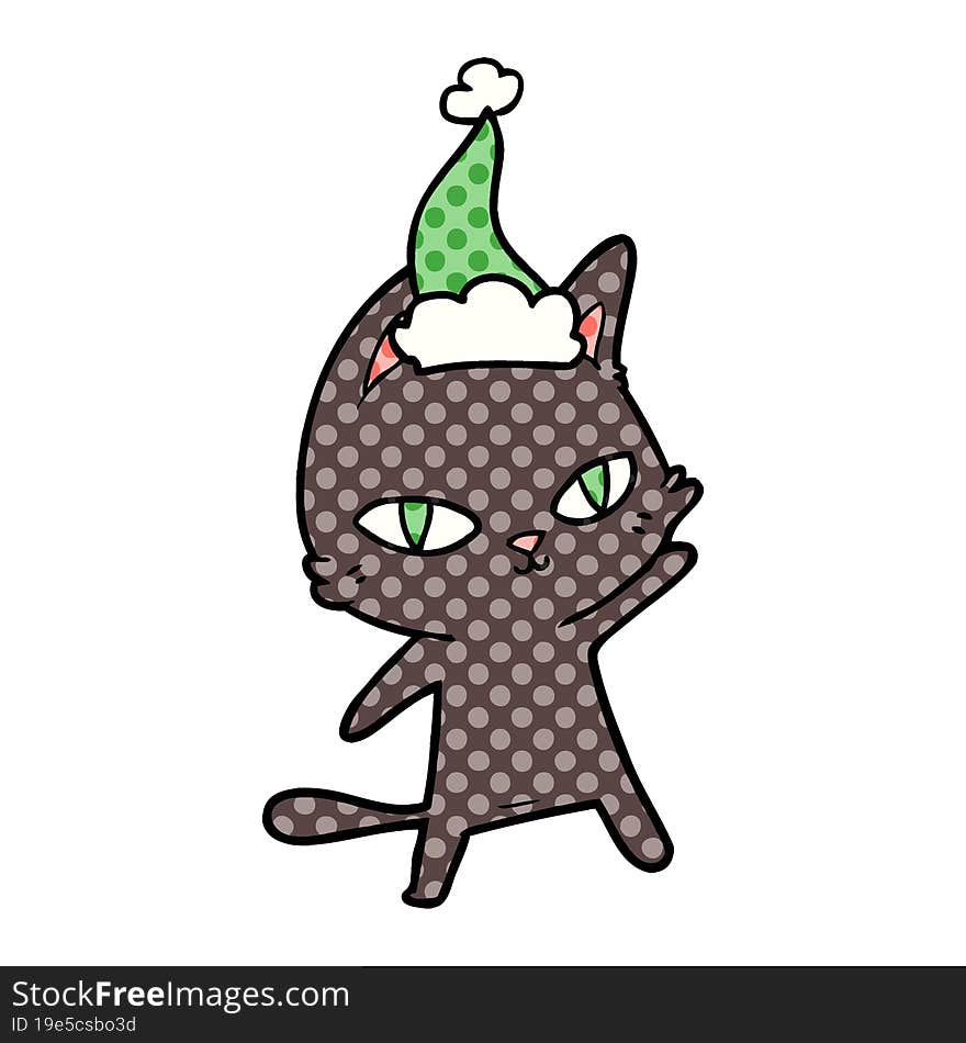 comic book style illustration of a cat staring wearing santa hat