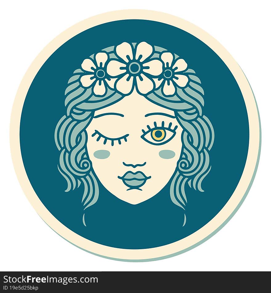 tattoo style sticker of a maidens face winking