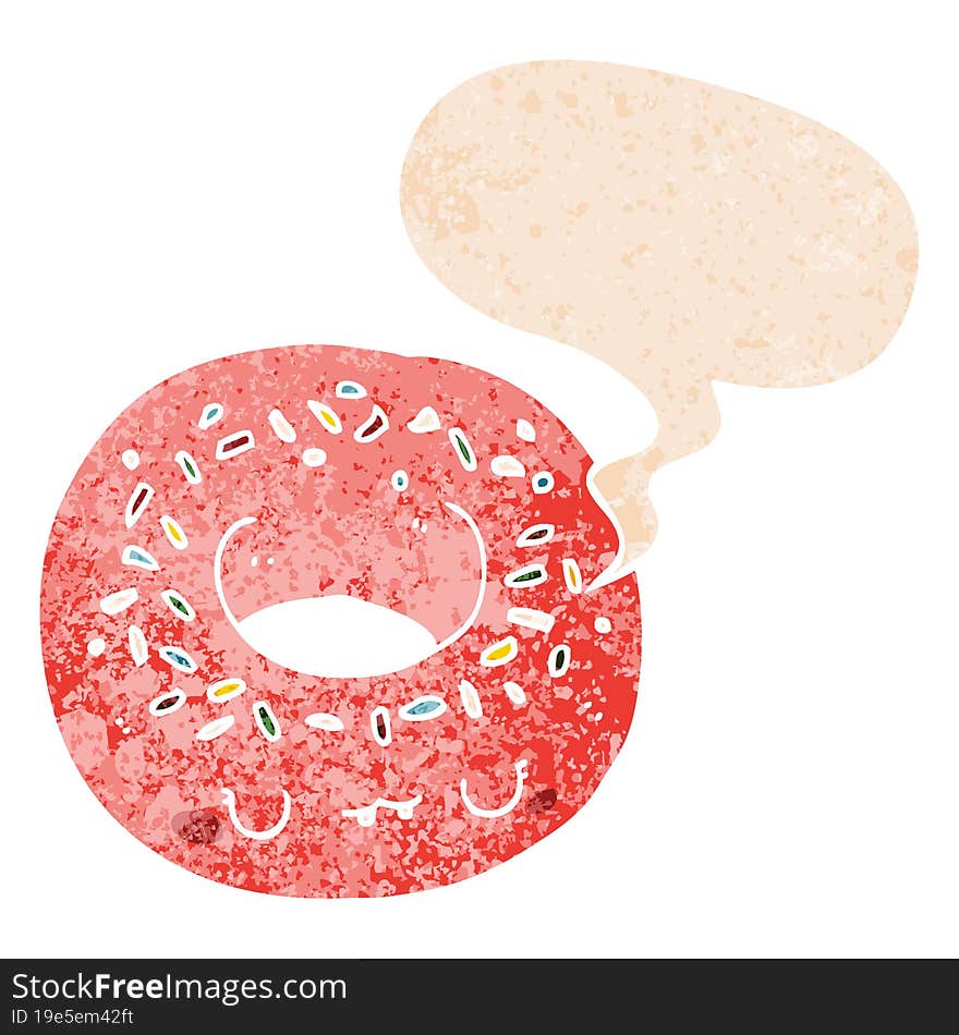 Cartoon Donut And Speech Bubble In Retro Textured Style