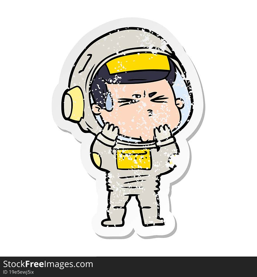 distressed sticker of a cartoon stressed astronaut