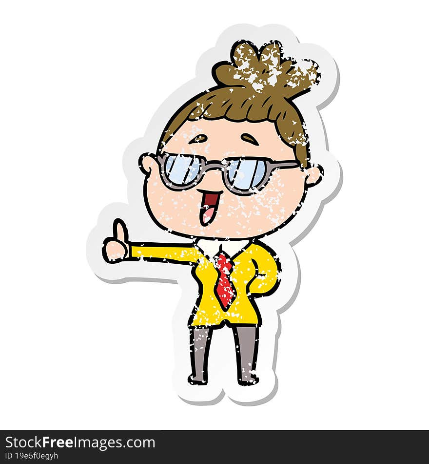 distressed sticker of a cartoon happy woman wearing spectacles