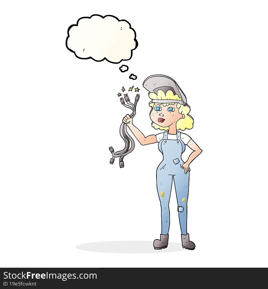 freehand drawn thought bubble cartoon electrician woman