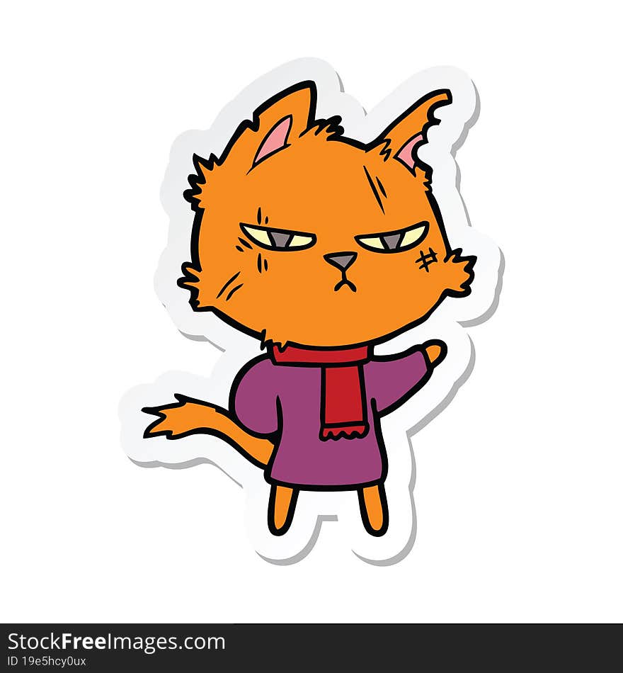 Sticker Of A Tough Cartoon Cat In Winter Scarf