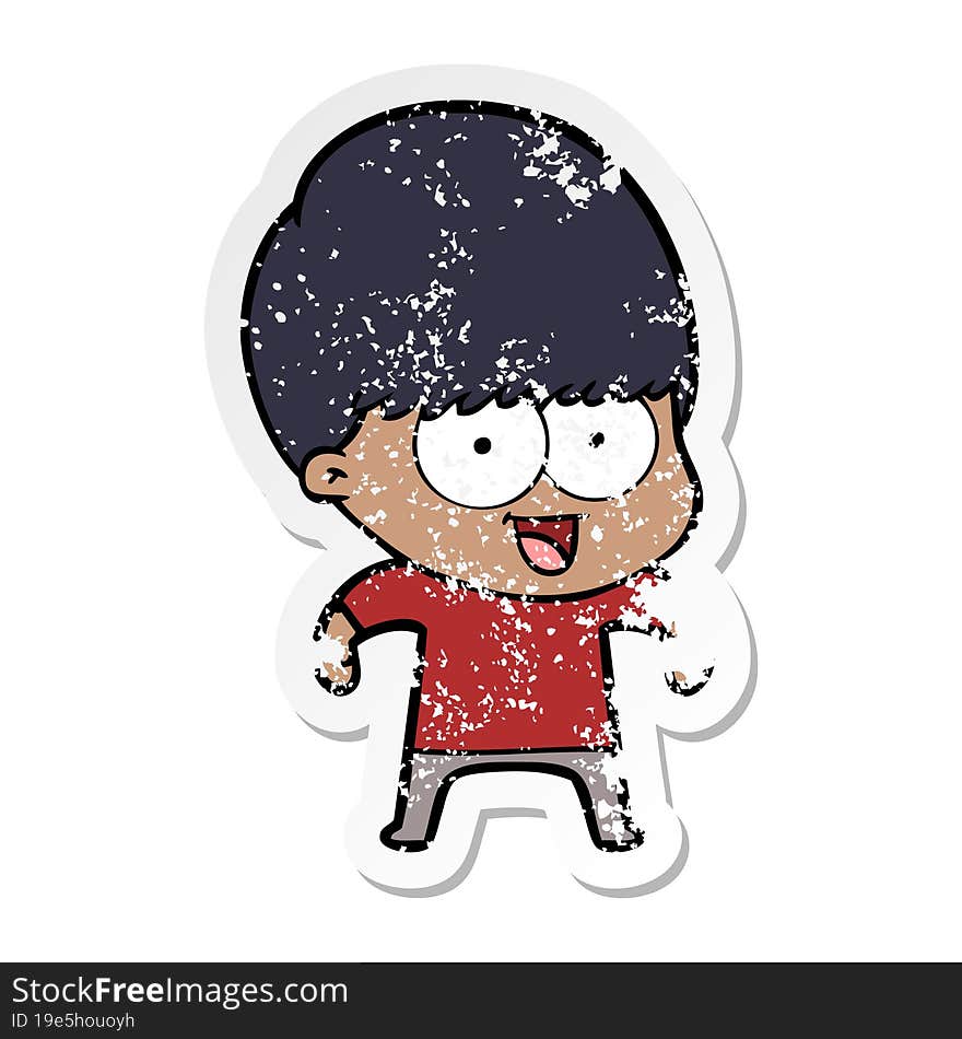 distressed sticker of a happy cartoon boy