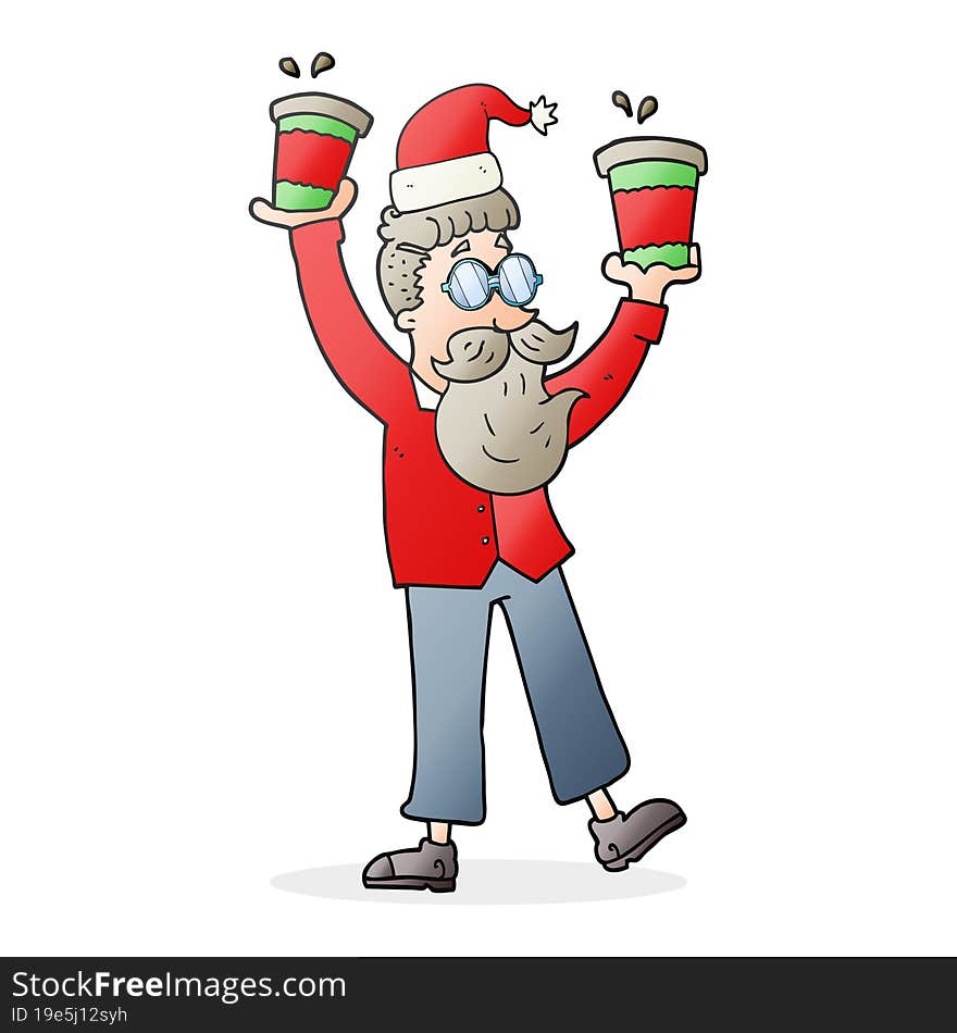 cartoon man with coffee cups at christmas