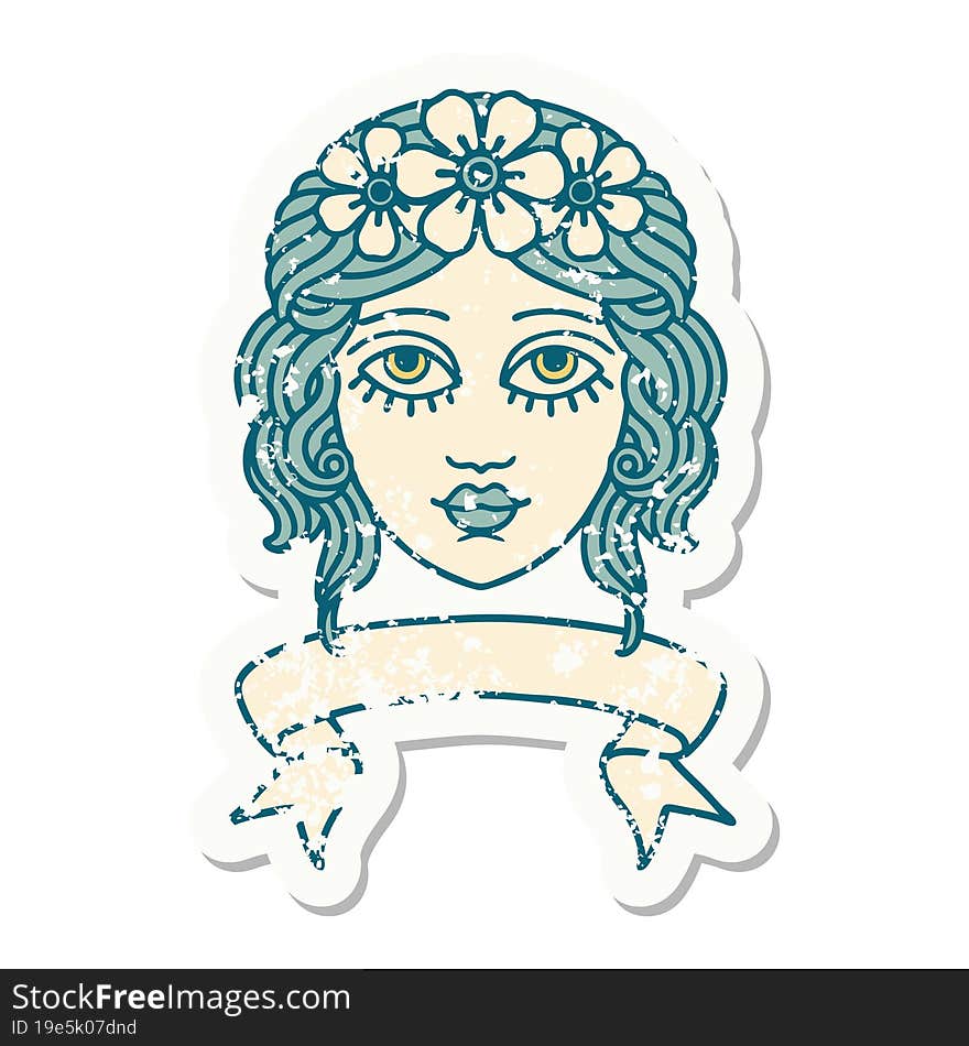 grunge sticker with banner of female face with crown of flowers