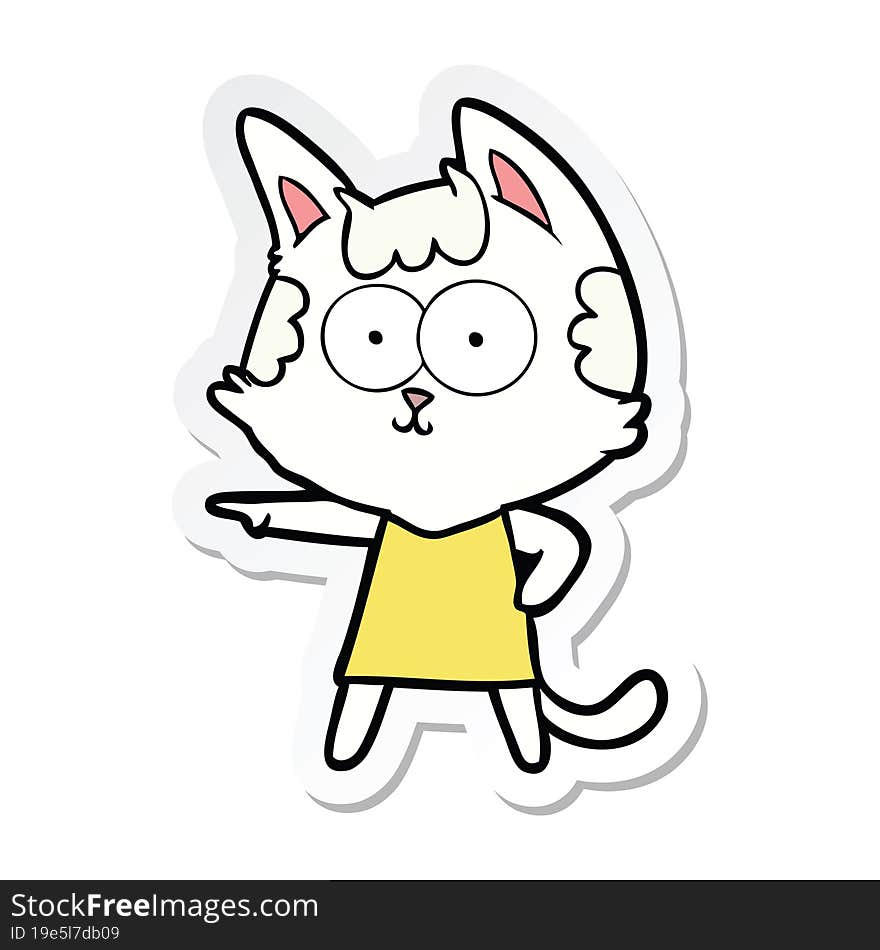 sticker of a happy cartoon cat in dress pointing