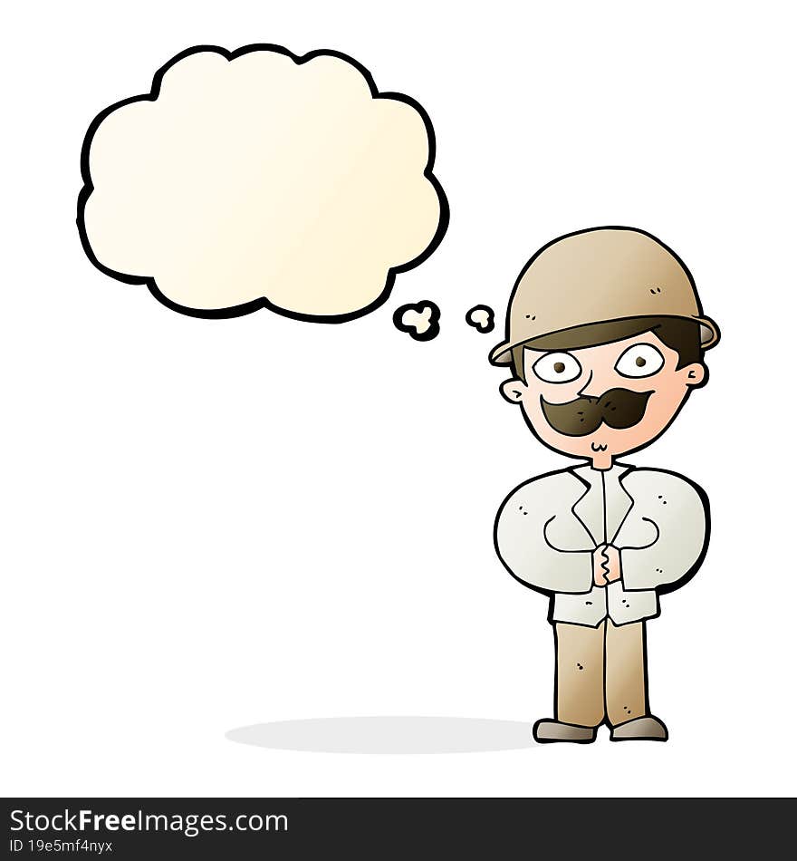 cartoon man in safari hat with thought bubble