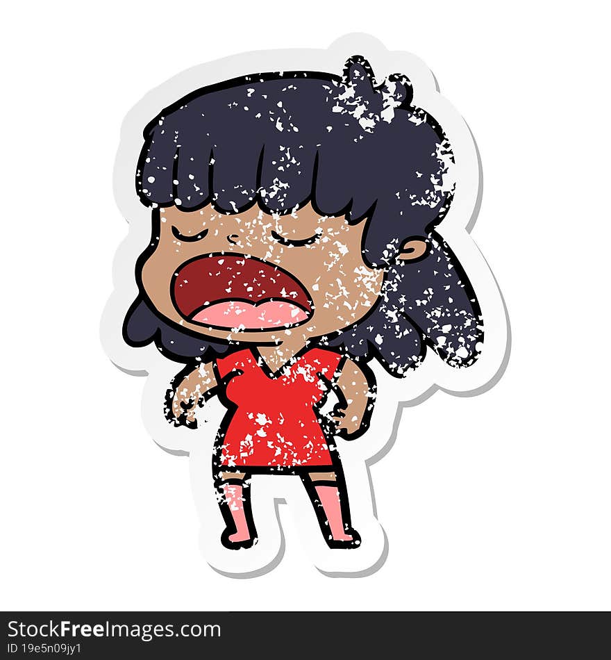 distressed sticker of a cartoon woman talking loudly