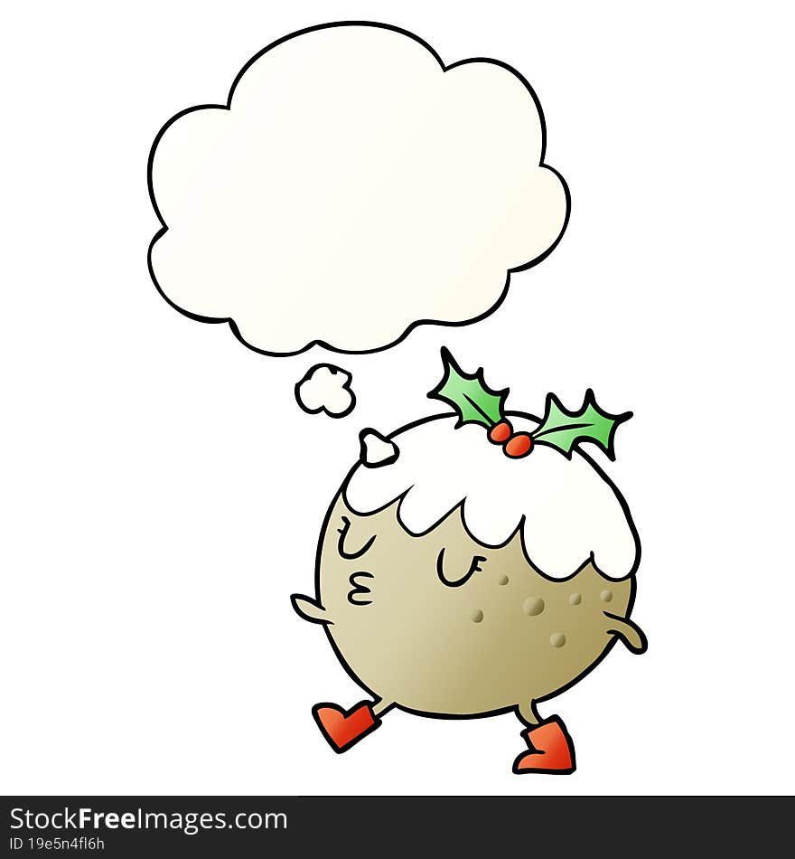 cartoon chrstmas pudding walking and thought bubble in smooth gradient style