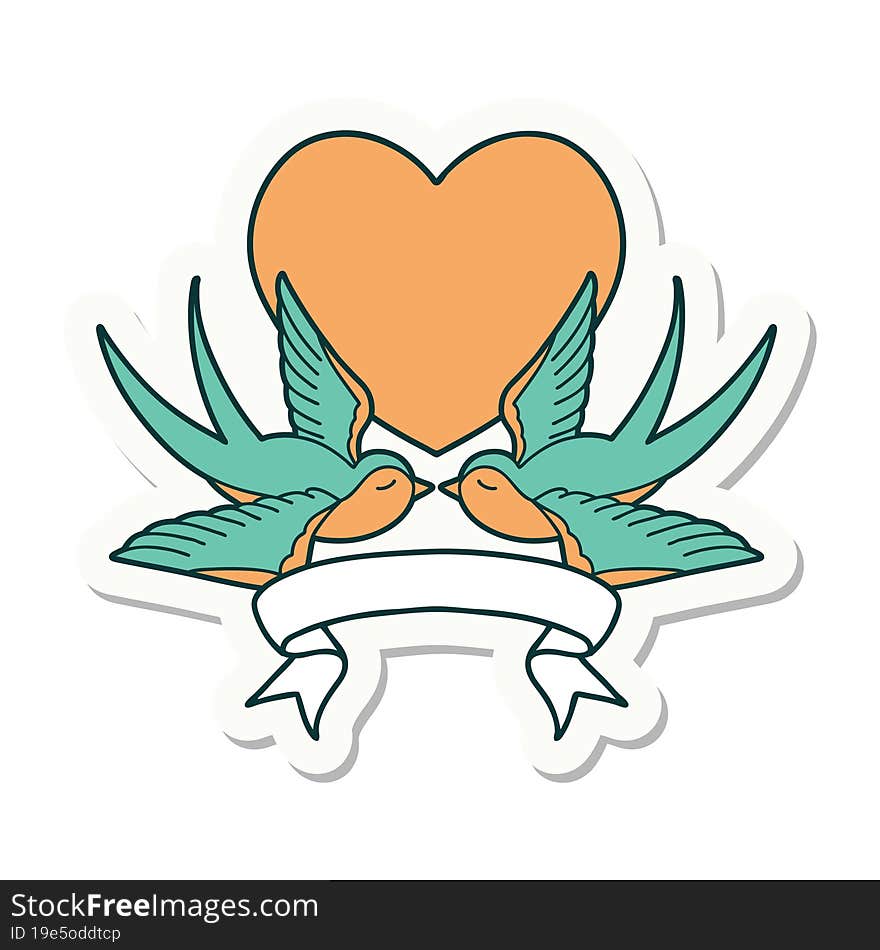 tattoo style sticker with banner of swallows and a heart