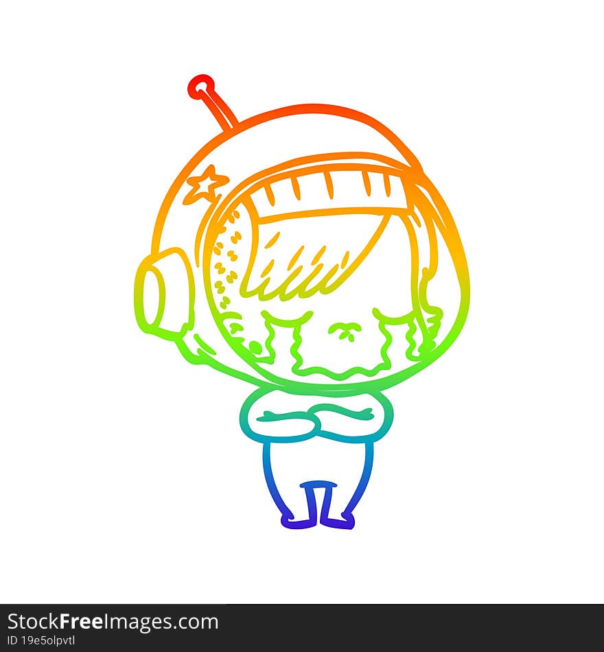 rainbow gradient line drawing cartoon crying astronaut girl