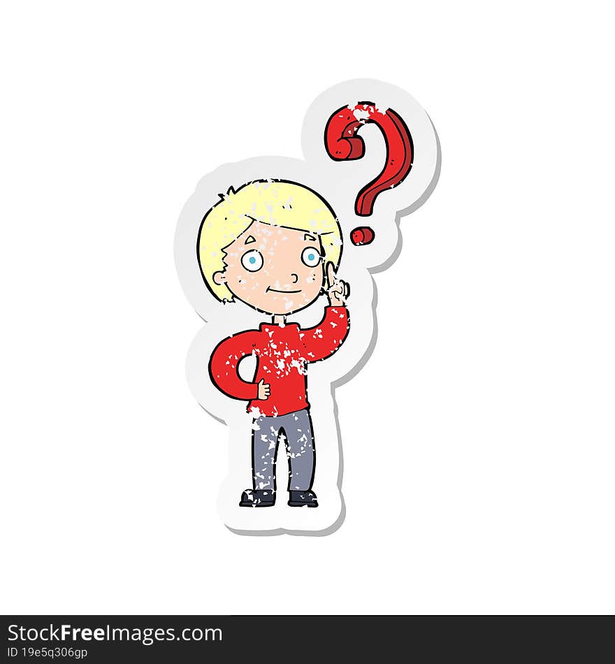 retro distressed sticker of a cartoon boy asking question