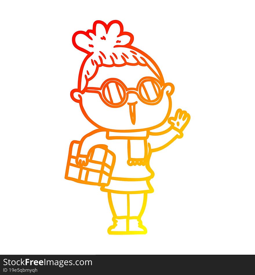 warm gradient line drawing of a cartoon woman wearing spectacles