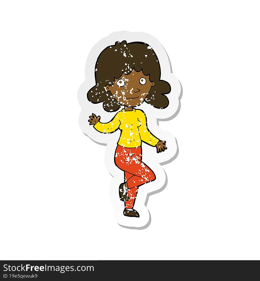 retro distressed sticker of a cartoon friendly woman waving