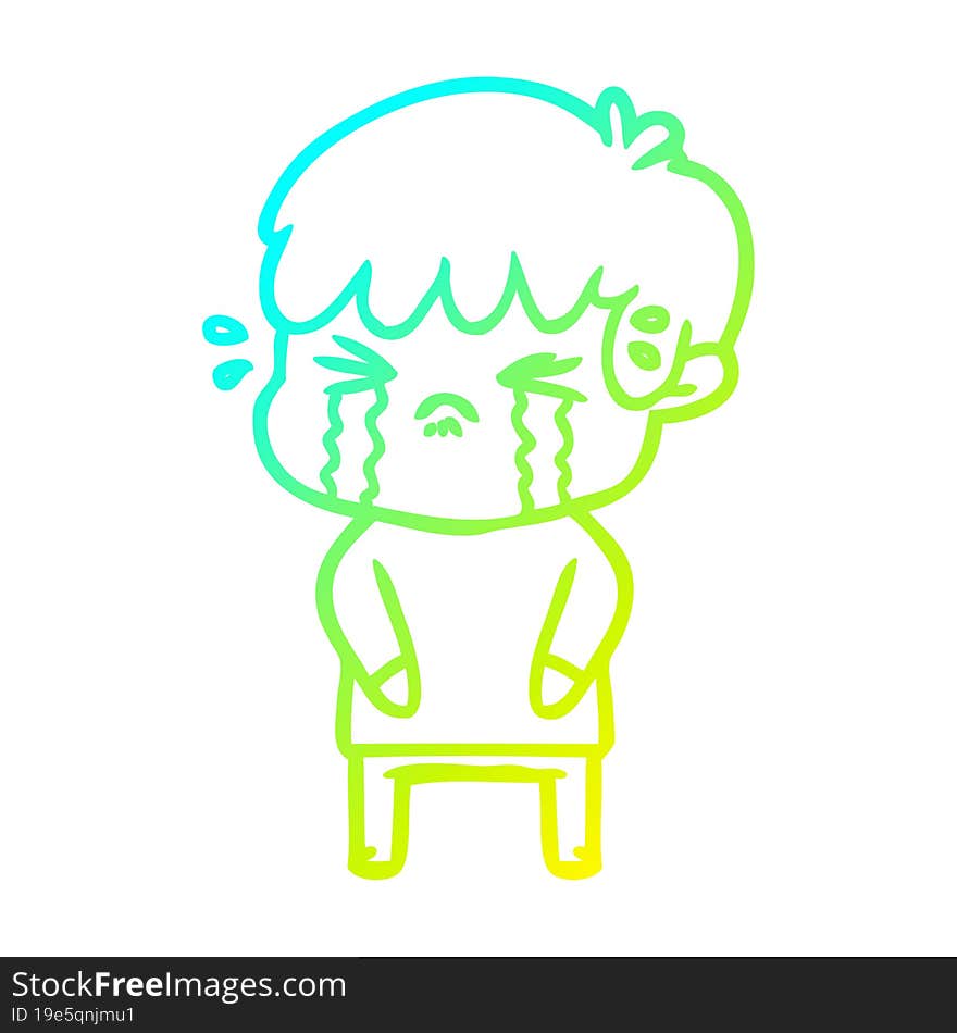 Cold Gradient Line Drawing Cartoon Boy Crying