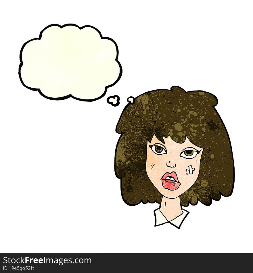 cartoon woman with bruised face with thought bubble