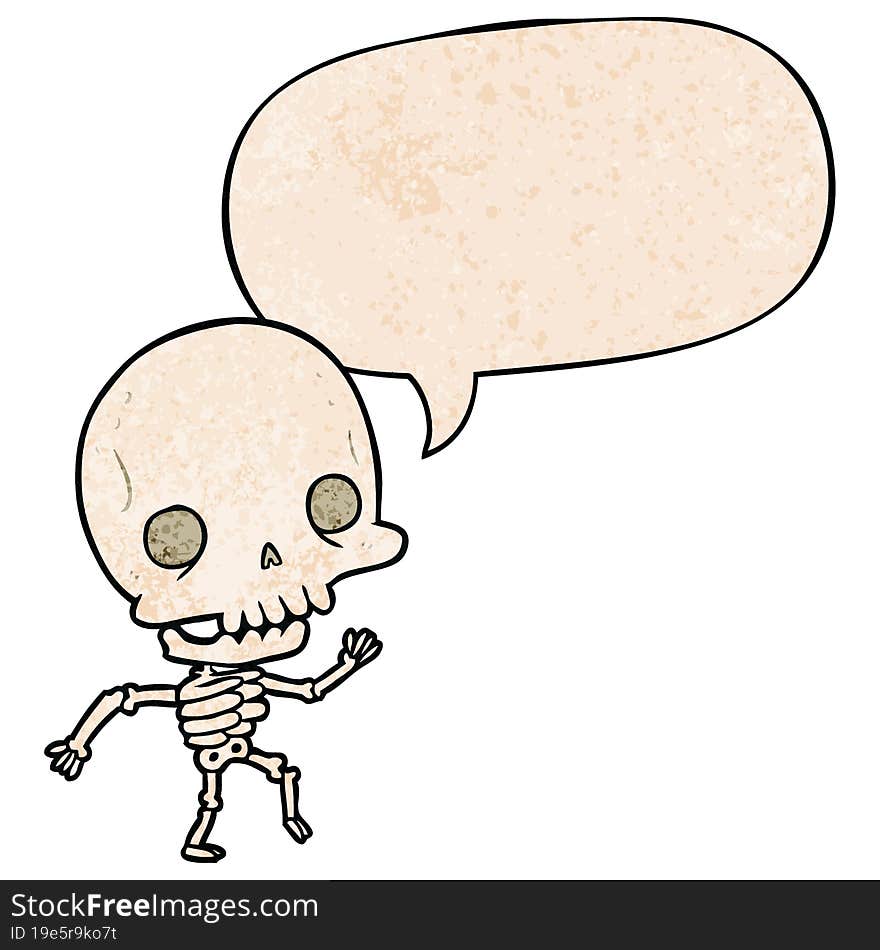 cute cartoon dancing skeleton and speech bubble in retro texture style