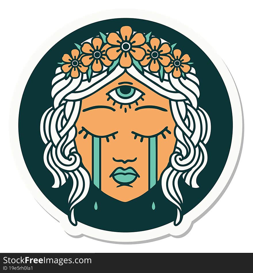 tattoo style sticker of female face with third eye crying