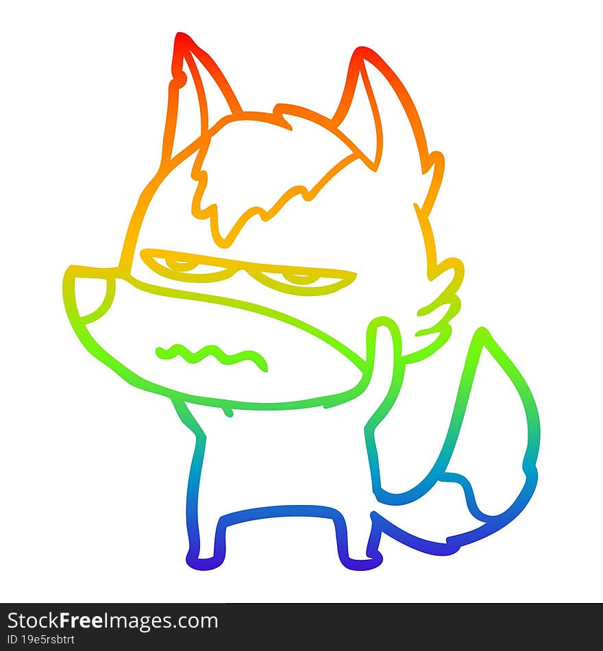 Rainbow Gradient Line Drawing Cartoon Annoyed Wolf